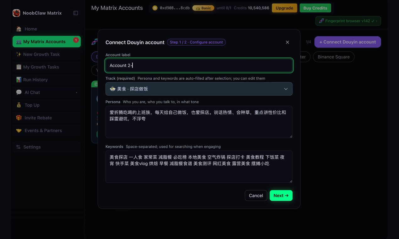 Connect an account: each one gets its own niche, persona and keywords